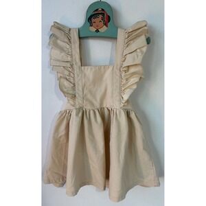 Retro Cottagecore Apron Pinafore Ruffle Strap Girls 3T Beige Excellent